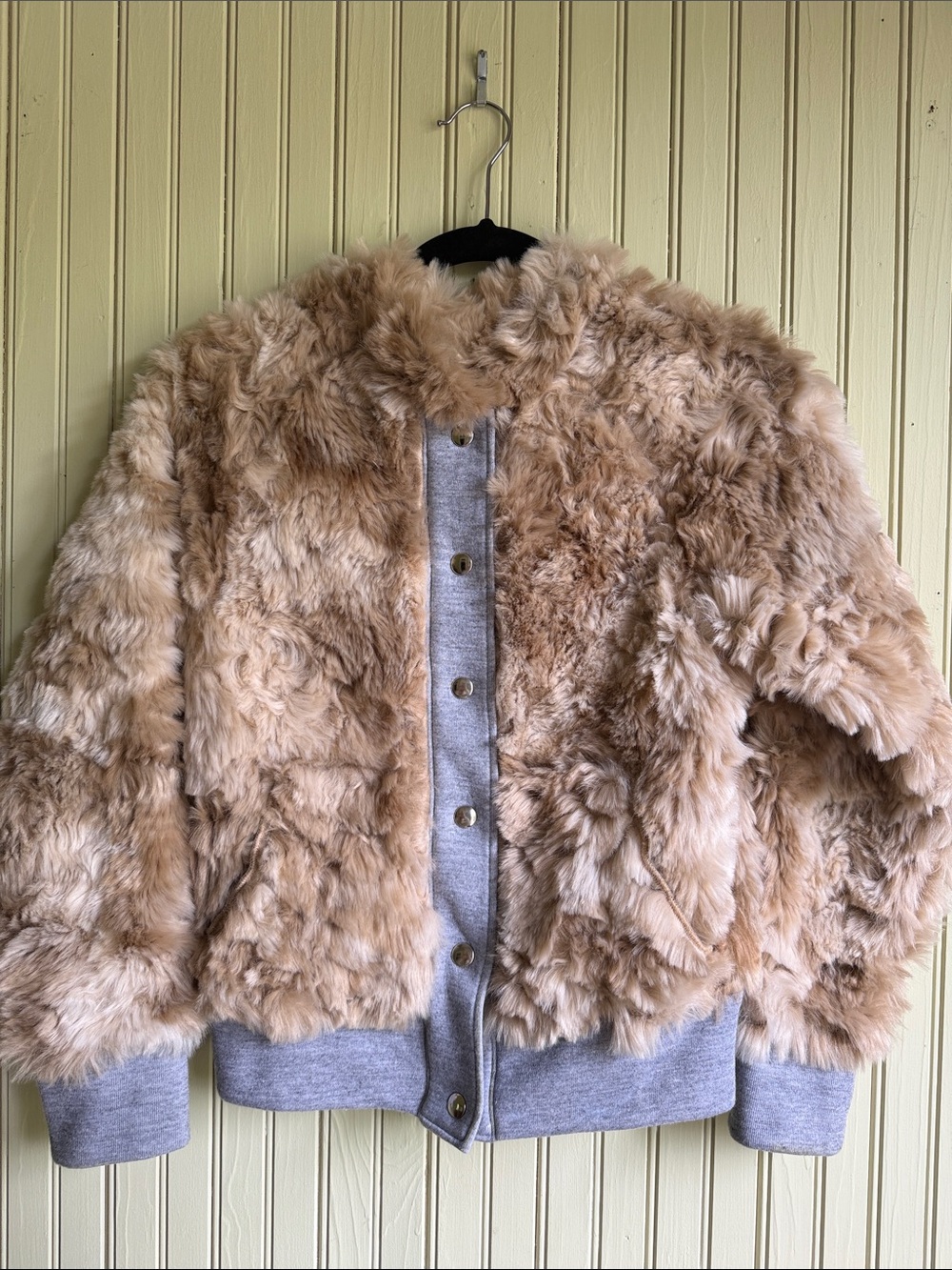 NSF Tan Faux Fur Bomber Jacket with Gray Trim
